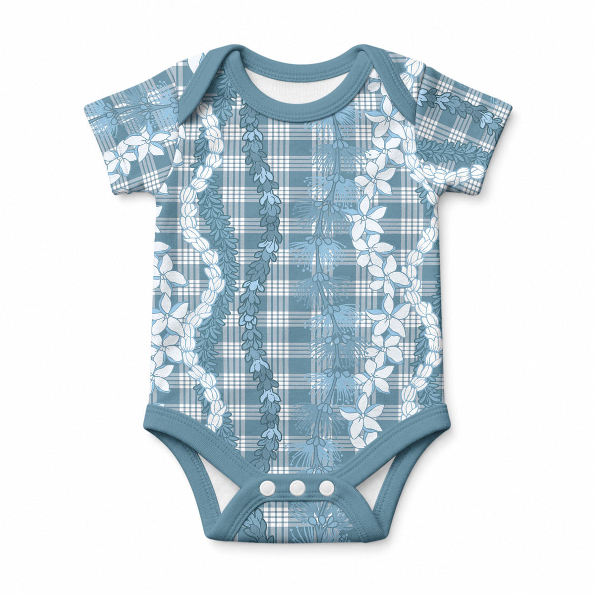 Hawaiian Ohia Lehua Lei Baby Onesie Plaid Palaka Uliuli Omaomao Pattern LT9 Teal - Polynesian Pride