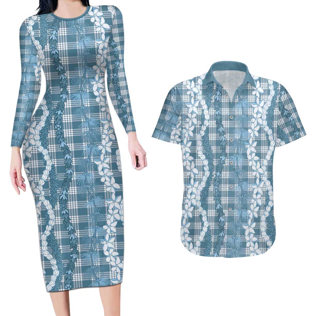 Hawaiian Ohia Lehua Lei Couples Matching Long Sleeve Bodycon Dress and Hawaiian Shirt Plaid Palaka Uliuli Omaomao Pattern - Polynesian Pride