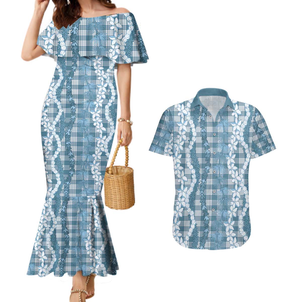 Hawaiian Ohia Lehua Lei Couples Matching Mermaid Dress and Hawaiian Shirt Plaid Palaka Uliuli Omaomao Pattern - Polynesian Pride