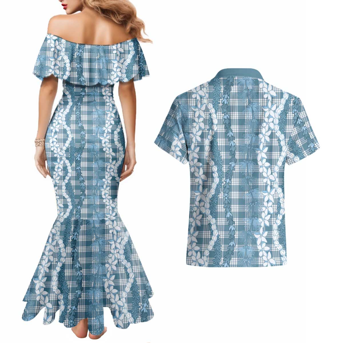 Hawaiian Ohia Lehua Lei Couples Matching Mermaid Dress and Hawaiian Shirt Plaid Palaka Uliuli Omaomao Pattern - Polynesian Pride