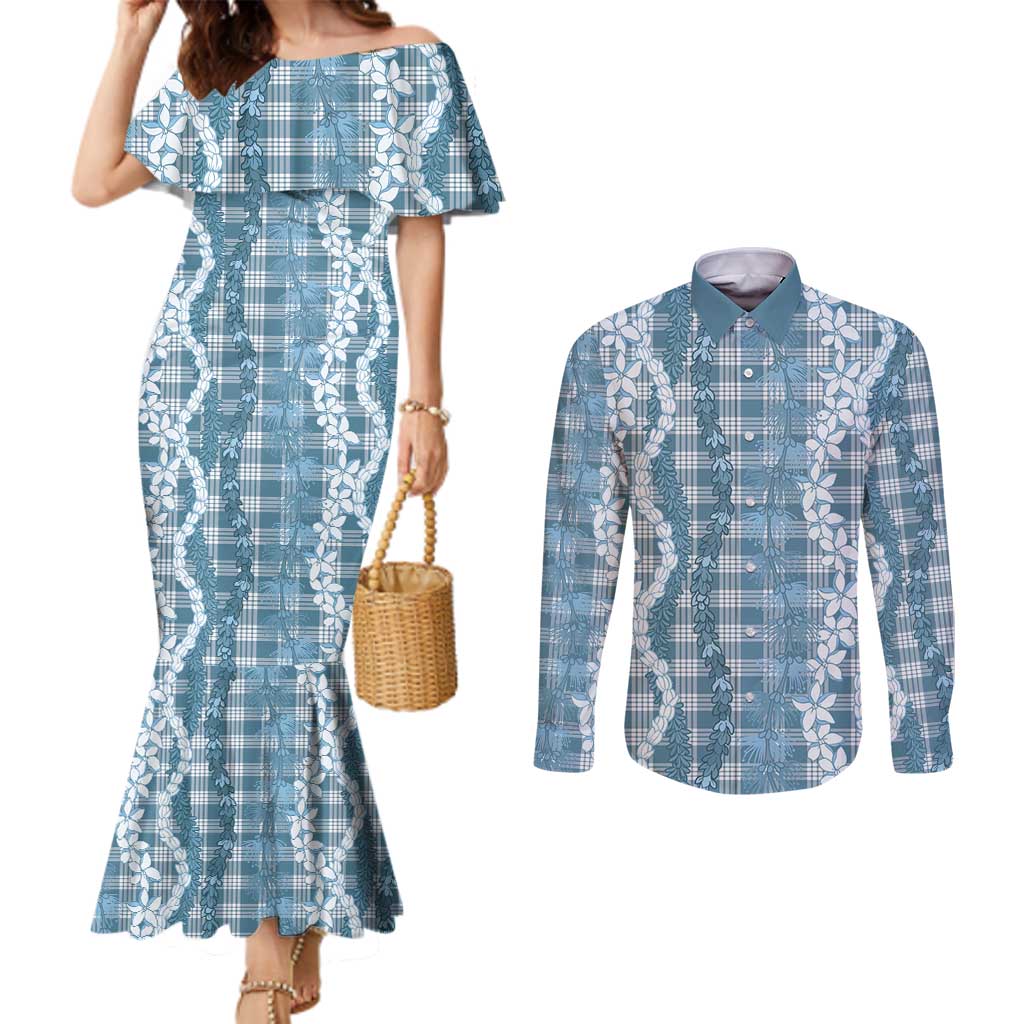 Hawaiian Ohia Lehua Lei Couples Matching Mermaid Dress and Long Sleeve Button Shirt Plaid Palaka Uliuli Omaomao Pattern - Polynesian Pride