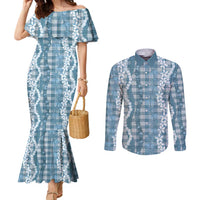 Hawaiian Ohia Lehua Lei Couples Matching Mermaid Dress and Long Sleeve Button Shirt Plaid Palaka Uliuli Omaomao Pattern - Polynesian Pride
