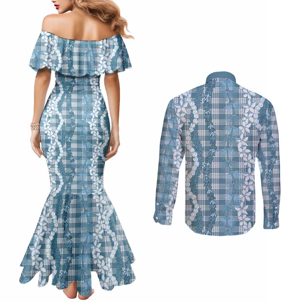 Hawaiian Ohia Lehua Lei Couples Matching Mermaid Dress and Long Sleeve Button Shirt Plaid Palaka Uliuli Omaomao Pattern - Polynesian Pride