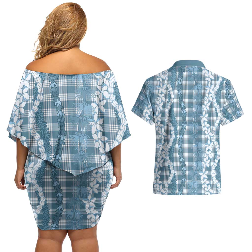 Hawaiian Ohia Lehua Lei Couples Matching Off Shoulder Short Dress and Hawaiian Shirt Plaid Palaka Uliuli Omaomao Pattern - Polynesian Pride