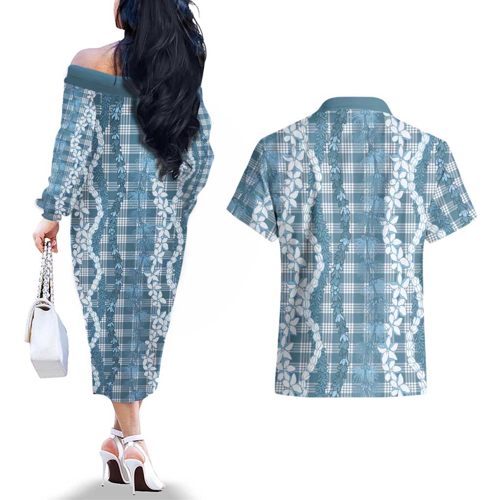 Hawaiian Ohia Lehua Lei Couples Matching Off The Shoulder Long Sleeve Dress and Hawaiian Shirt Plaid Palaka Uliuli Omaomao Pattern - Polynesian Pride