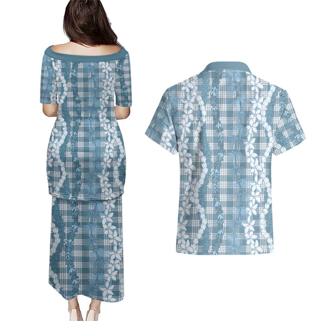 Hawaiian Ohia Lehua Lei Couples Matching Puletasi and Hawaiian Shirt Plaid Palaka Uliuli Omaomao Pattern - Polynesian Pride