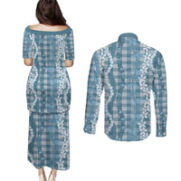 Hawaiian Ohia Lehua Lei Couples Matching Puletasi and Long Sleeve Button Shirt Plaid Palaka Uliuli Omaomao Pattern - Polynesian Pride