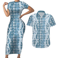 Hawaiian Ohia Lehua Lei Couples Matching Short Sleeve Bodycon Dress and Hawaiian Shirt Plaid Palaka Uliuli Omaomao Pattern - Polynesian Pride