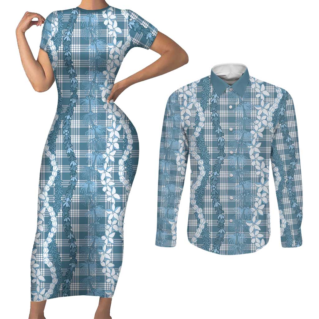 Hawaiian Ohia Lehua Lei Couples Matching Short Sleeve Bodycon Dress and Long Sleeve Button Shirt Plaid Palaka Uliuli Omaomao Pattern - Polynesian Pride