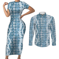 Hawaiian Ohia Lehua Lei Couples Matching Short Sleeve Bodycon Dress and Long Sleeve Button Shirt Plaid Palaka Uliuli Omaomao Pattern - Polynesian Pride