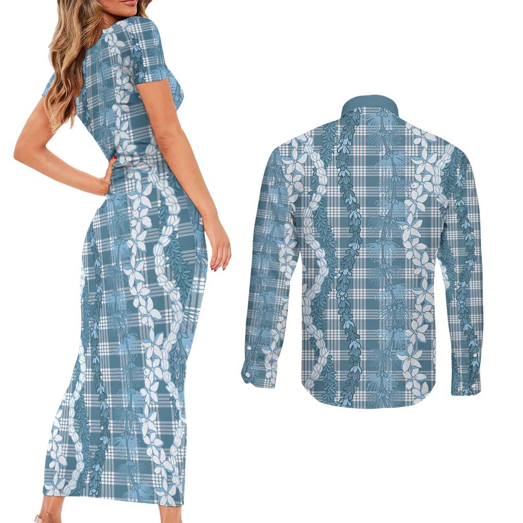 Hawaiian Ohia Lehua Lei Couples Matching Short Sleeve Bodycon Dress and Long Sleeve Button Shirt Plaid Palaka Uliuli Omaomao Pattern - Polynesian Pride