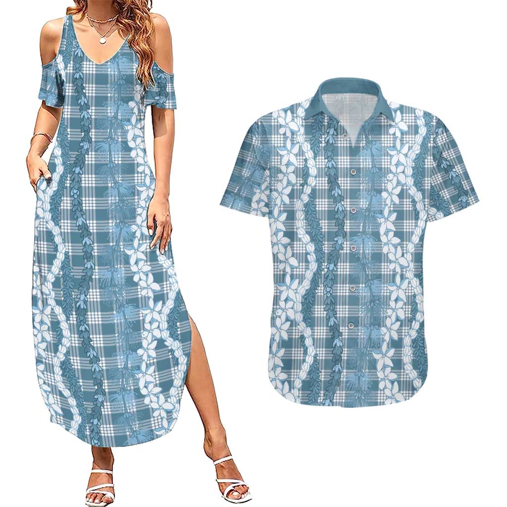 Hawaiian Ohia Lehua Lei Couples Matching Summer Maxi Dress and Hawaiian Shirt Plaid Palaka Uliuli Omaomao Pattern - Polynesian Pride