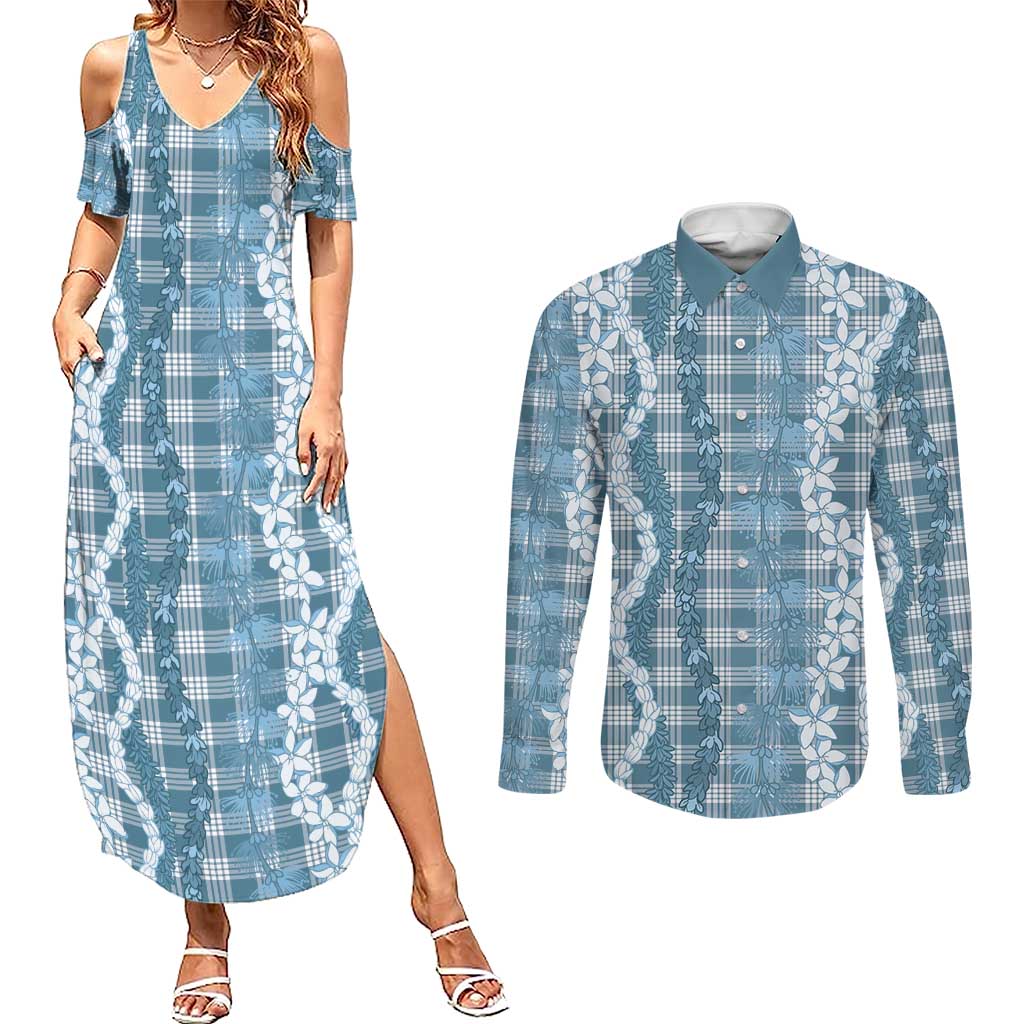 Hawaiian Ohia Lehua Lei Couples Matching Summer Maxi Dress and Long Sleeve Button Shirt Plaid Palaka Uliuli Omaomao Pattern - Polynesian Pride