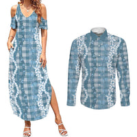 Hawaiian Ohia Lehua Lei Couples Matching Summer Maxi Dress and Long Sleeve Button Shirt Plaid Palaka Uliuli Omaomao Pattern - Polynesian Pride