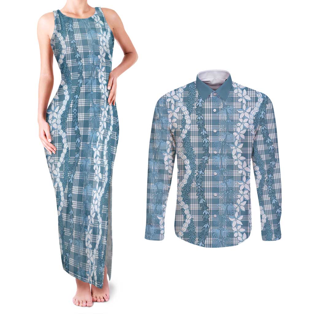 Hawaiian Ohia Lehua Lei Couples Matching Tank Maxi Dress and Long Sleeve Button Shirt Plaid Palaka Uliuli Omaomao Pattern - Polynesian Pride