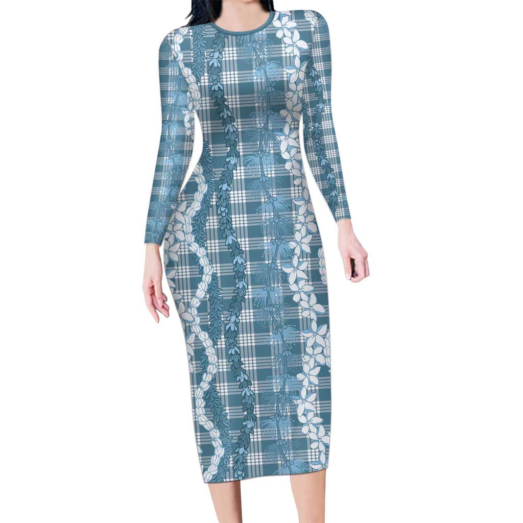 Hawaiian Ohia Lehua Lei Family Matching Long Sleeve Bodycon Dress and Hawaiian Shirt Plaid Palaka Uliuli Omaomao Pattern LT9 Teal - Polynesian Pride