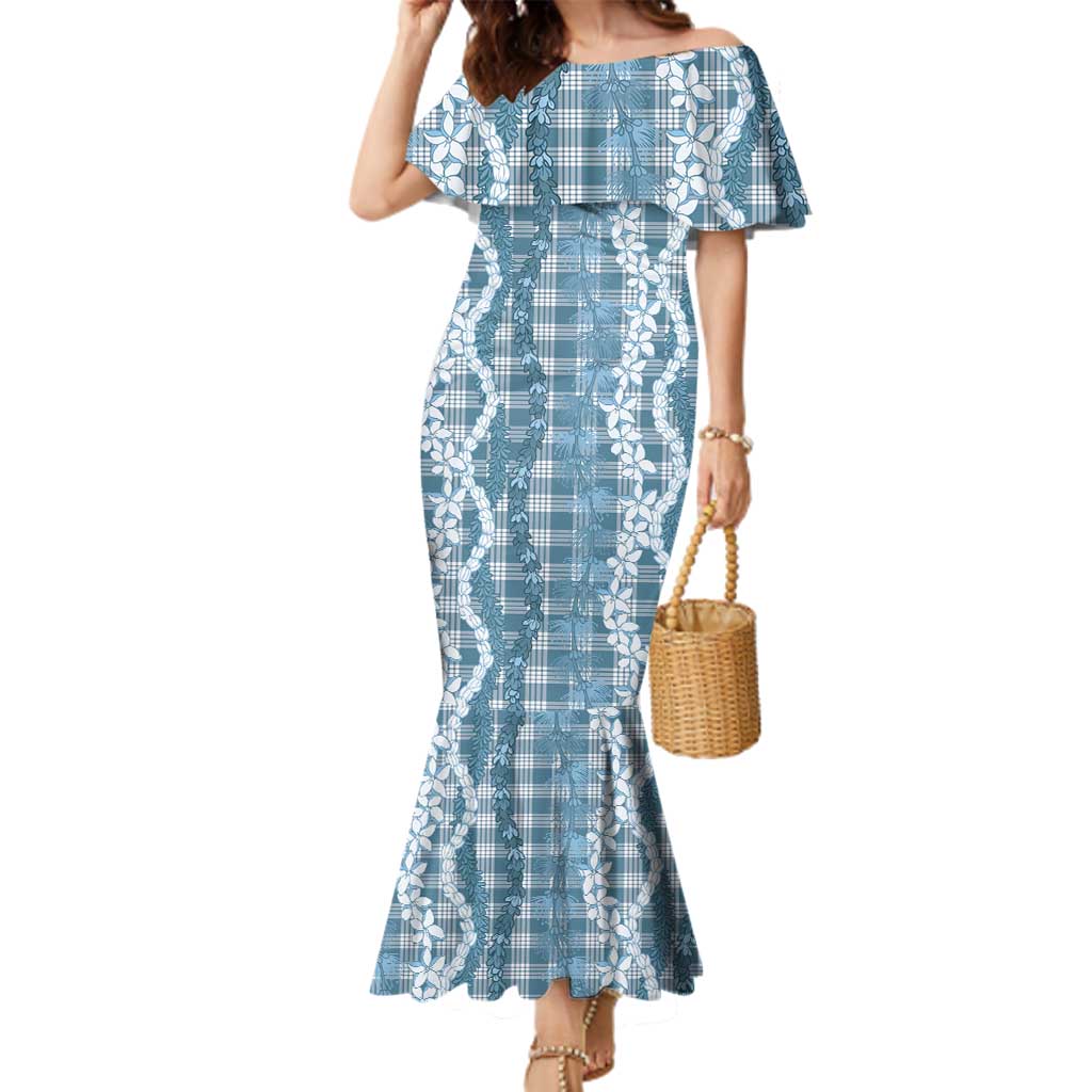 Hawaiian Ohia Lehua Lei Family Matching Mermaid Dress and Hawaiian Shirt Plaid Palaka Uliuli Omaomao Pattern LT9 Teal - Polynesian Pride