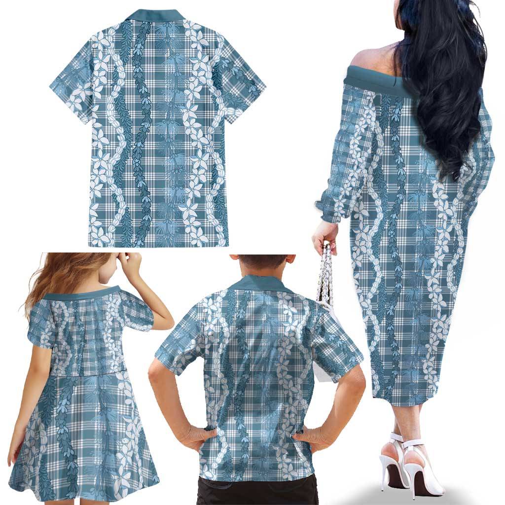 Hawaiian Ohia Lehua Lei Family Matching Off The Shoulder Long Sleeve Dress and Hawaiian Shirt Plaid Palaka Uliuli Omaomao Pattern LT9 - Polynesian Pride