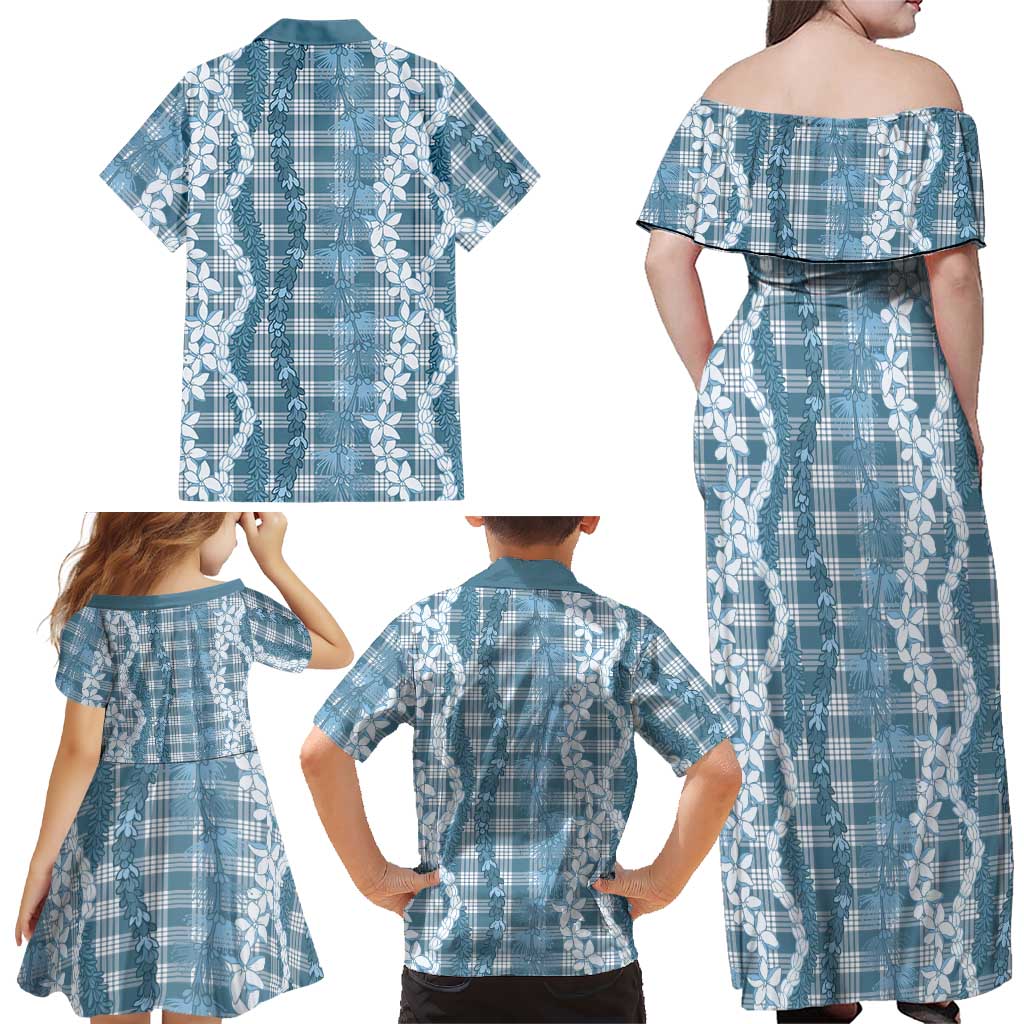 Hawaiian Ohia Lehua Lei Family Matching Off Shoulder Maxi Dress and Hawaiian Shirt Plaid Palaka Uliuli Omaomao Pattern LT9 - Polynesian Pride