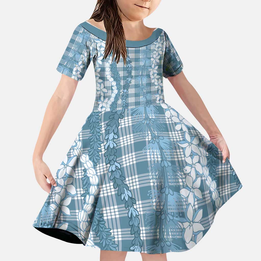 Hawaiian Ohia Lehua Lei Family Matching Off Shoulder Short Dress and Hawaiian Shirt Plaid Palaka Uliuli Omaomao Pattern LT9 Daughter's Dress Teal - Polynesian Pride