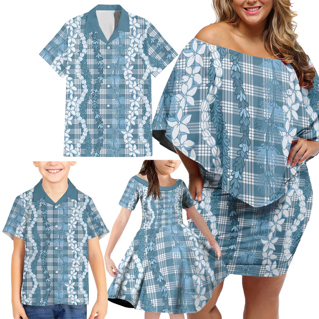 Hawaiian Ohia Lehua Lei Family Matching Off Shoulder Short Dress and Hawaiian Shirt Plaid Palaka Uliuli Omaomao Pattern - Polynesian Pride