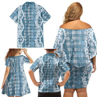 Hawaiian Ohia Lehua Lei Family Matching Off Shoulder Short Dress and Hawaiian Shirt Plaid Palaka Uliuli Omaomao Pattern LT9 - Polynesian Pride