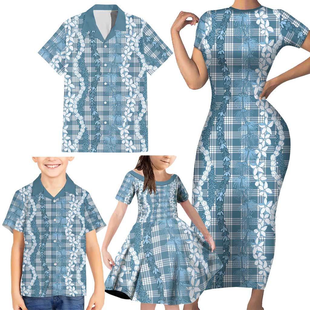 Hawaiian Ohia Lehua Lei Family Matching Short Sleeve Bodycon Dress and Hawaiian Shirt Plaid Palaka Uliuli Omaomao Pattern - Polynesian Pride