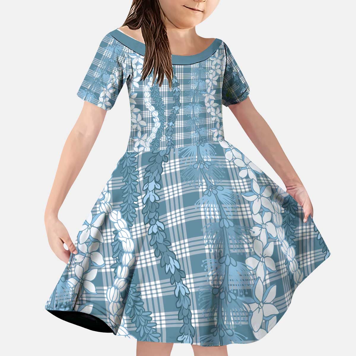 Hawaiian Ohia Lehua Lei Kid Short Sleeve Dress Plaid Palaka Uliuli Omaomao Pattern - Polynesian Pride