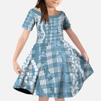 Hawaiian Ohia Lehua Lei Kid Short Sleeve Dress Plaid Palaka Uliuli Omaomao Pattern - Polynesian Pride