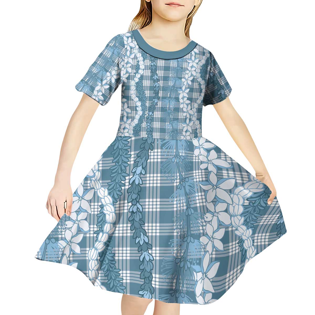 Hawaiian Ohia Lehua Lei Kid Short Sleeve Dress Plaid Palaka Uliuli Omaomao Pattern - Polynesian Pride