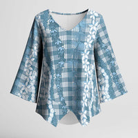 Hawaiian Ohia Lehua Lei Kimono Sleeve Blouse Plaid Palaka Uliuli Omaomao Pattern - Polynesian Pride