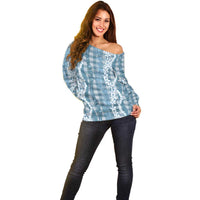 Hawaiian Ohia Lehua Lei Off Shoulder Sweater Plaid Palaka Uliuli Omaomao Pattern - Polynesian Pride