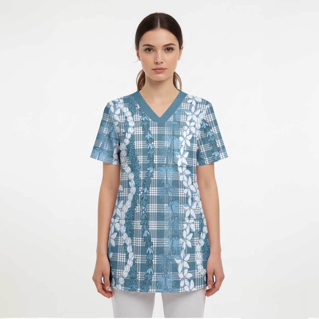 Hawaiian Ohia Lehua Lei Scrub Top Plaid Palaka Uliuli Omaomao Pattern - Polynesian Pride