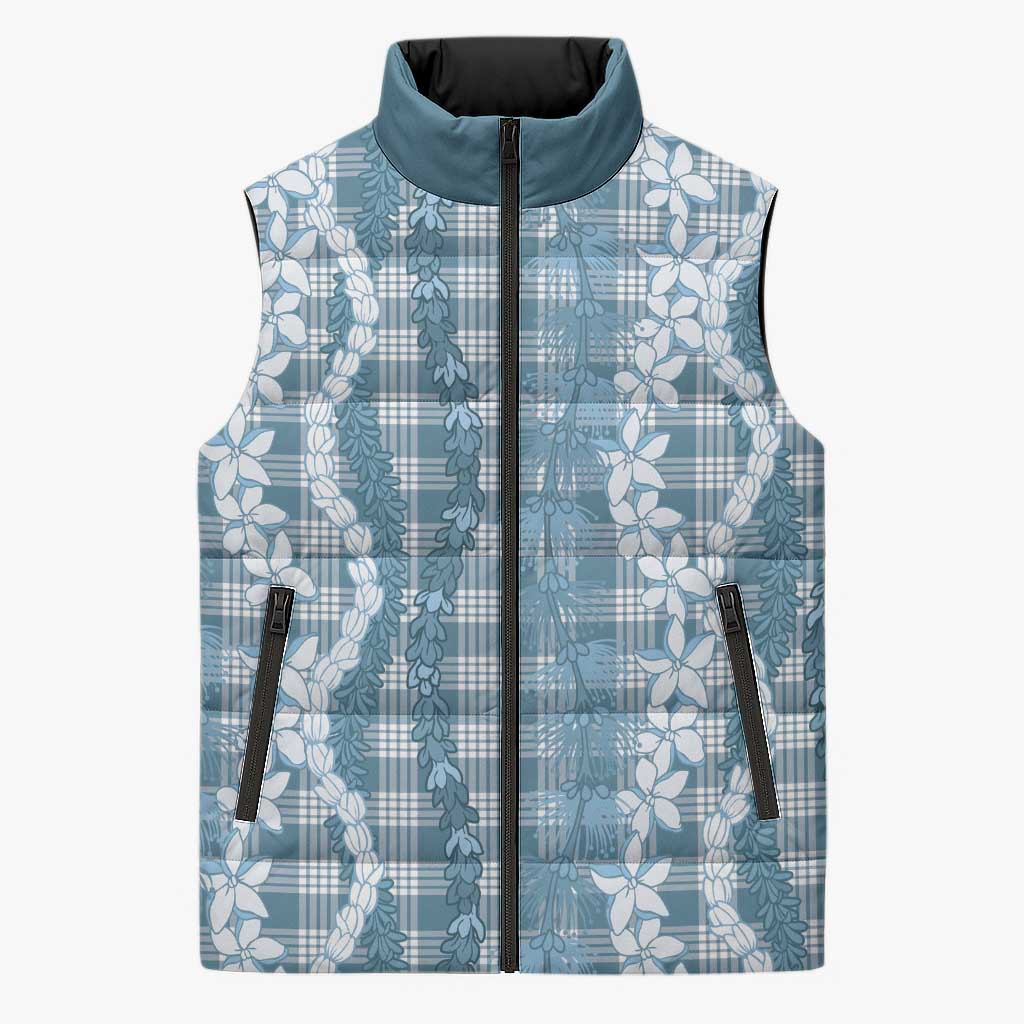 Hawaiian Ohia Lehua Lei Sleeveless Puffer Jacket Plaid Palaka Uliuli Omaomao Pattern - Polynesian Pride