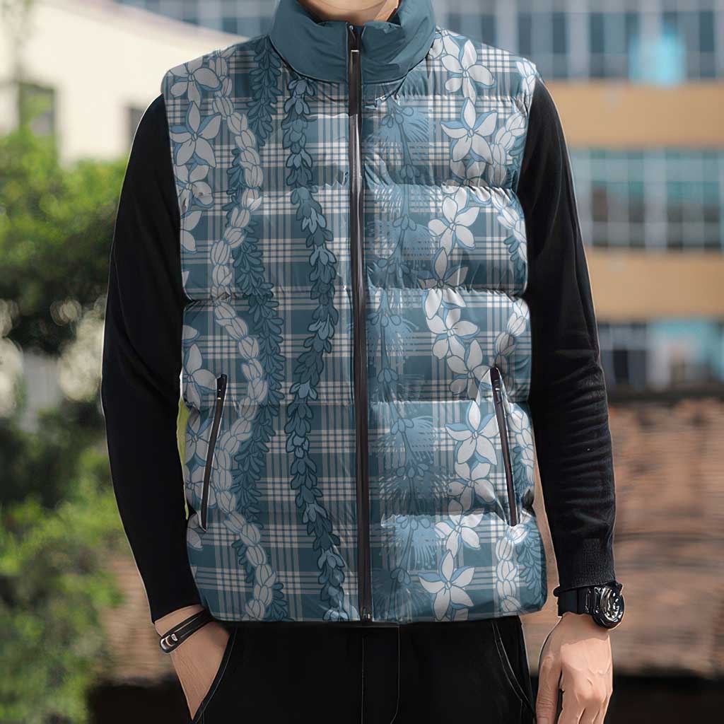 Hawaiian Ohia Lehua Lei Sleeveless Puffer Jacket Plaid Palaka Uliuli Omaomao Pattern - Polynesian Pride