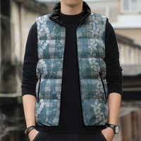 Hawaiian Ohia Lehua Lei Sleeveless Puffer Jacket Plaid Palaka Uliuli Omaomao Pattern - Polynesian Pride