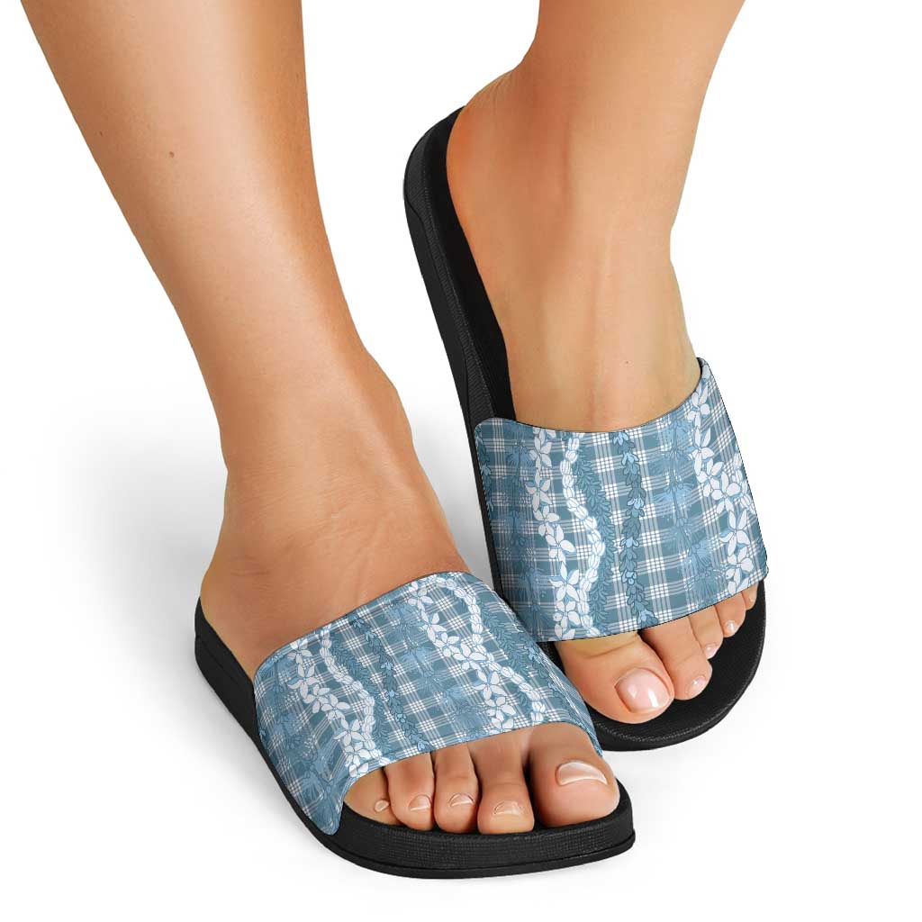 Hawaiian Ohia Lehua Lei Slide Sandals Plaid Palaka Uliuli Omaomao Pattern - Polynesian Pride