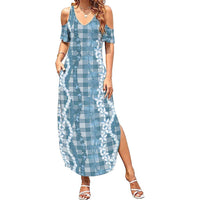 Hawaiian Ohia Lehua Lei Summer Maxi Dress Plaid Palaka Uliuli Omaomao Pattern - Polynesian Pride
