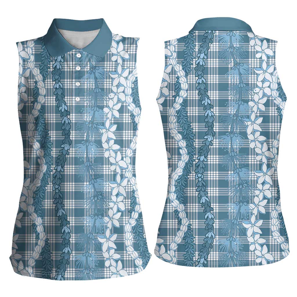 Hawaiian Ohia Lehua Lei Women Sleeveless Polo Shirt Plaid Palaka Uliuli Omaomao Pattern - Polynesian Pride