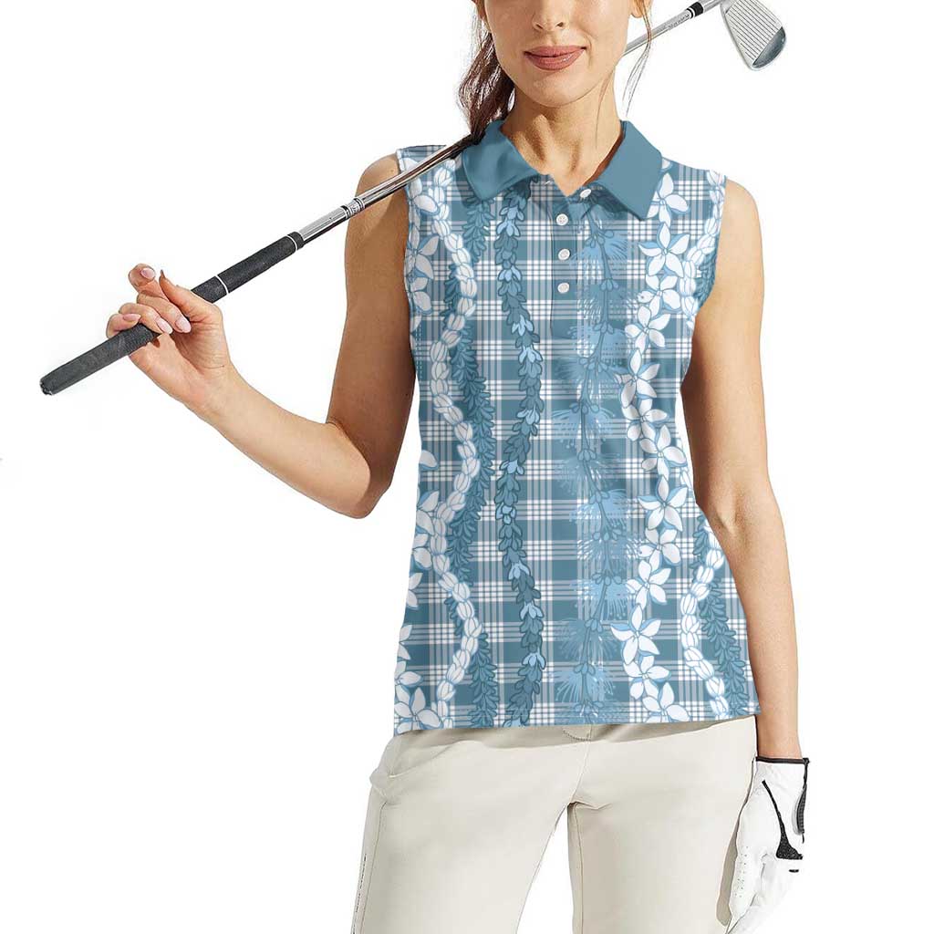Hawaiian Ohia Lehua Lei Women Sleeveless Polo Shirt Plaid Palaka Uliuli Omaomao Pattern - Polynesian Pride