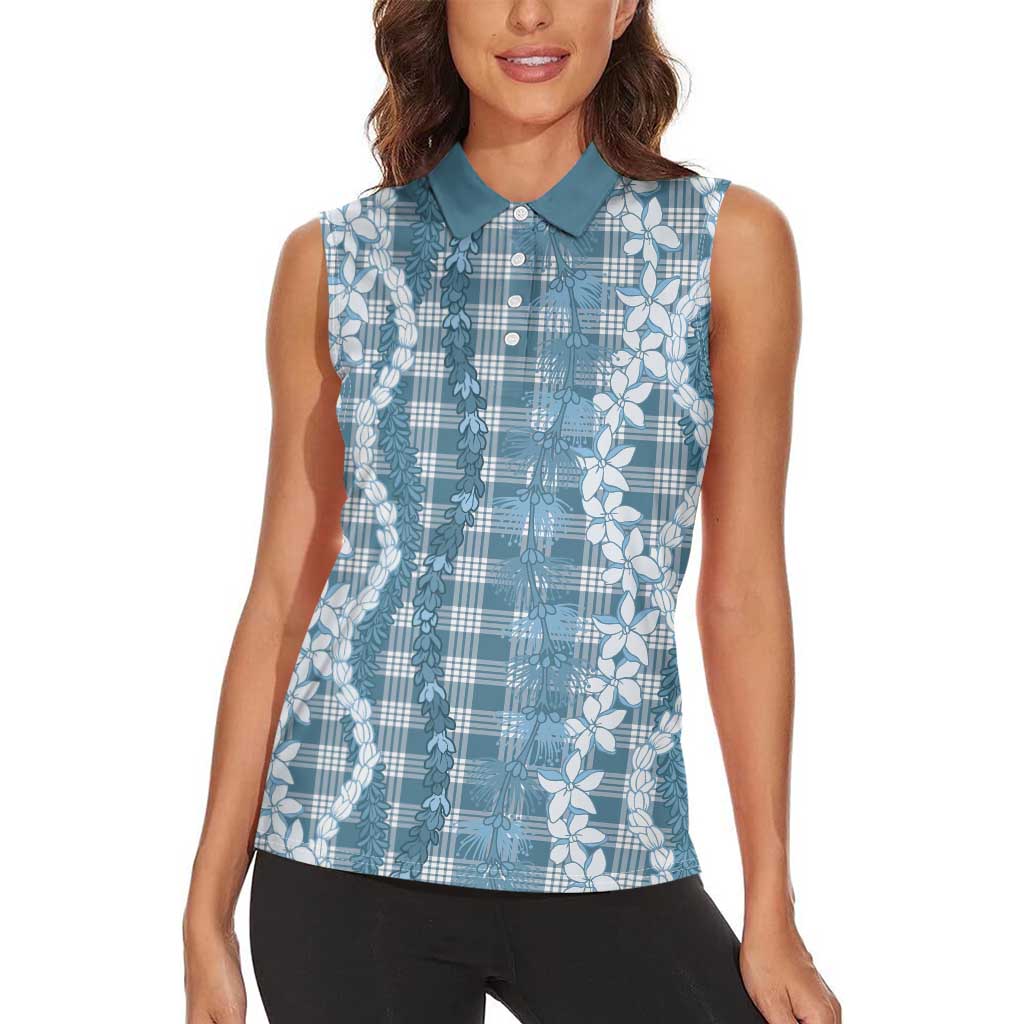Hawaiian Ohia Lehua Lei Women Sleeveless Polo Shirt Plaid Palaka Uliuli Omaomao Pattern - Polynesian Pride