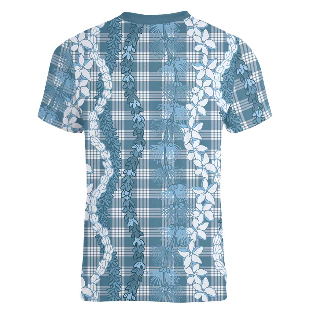 Hawaiian Ohia Lehua Lei Women V-Neck T-Shirt Plaid Palaka Uliuli Omaomao Pattern - Polynesian Pride