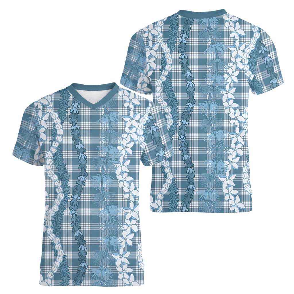 Hawaiian Ohia Lehua Lei Women V-Neck T-Shirt Plaid Palaka Uliuli Omaomao Pattern - Polynesian Pride