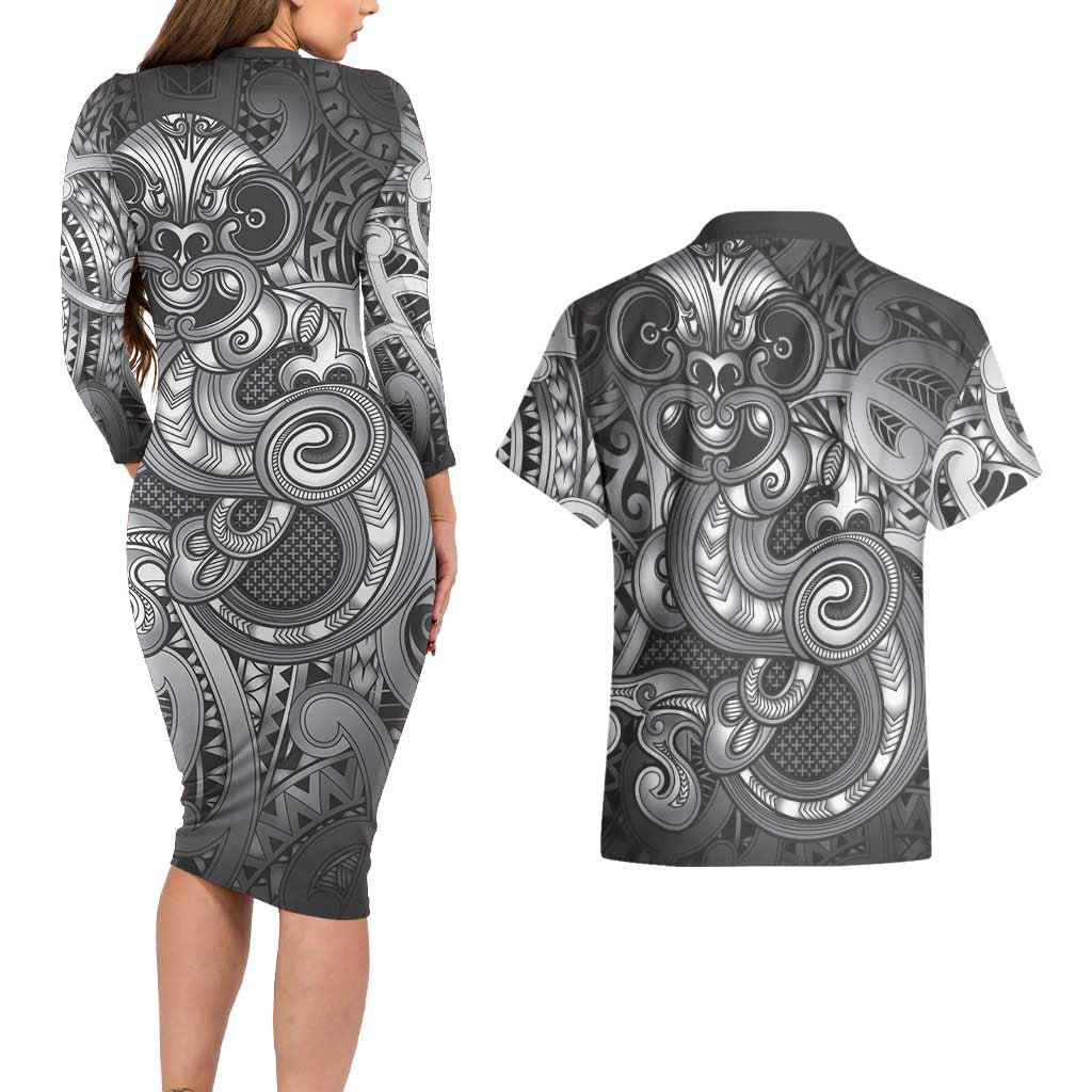 Aotearoa Maori Hei Tiki Couples Matching Long Sleeve Bodycon Dress and Hawaiian Shirt Kiwikiwi Kowhaiwhai Puhoro Motif LT9 - Polynesian Pride