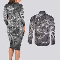 Aotearoa Maori Hei Tiki Couples Matching Long Sleeve Bodycon Dress and Long Sleeve Button Shirt Kiwikiwi Kowhaiwhai Puhoro Motif LT9 - Polynesian Pride
