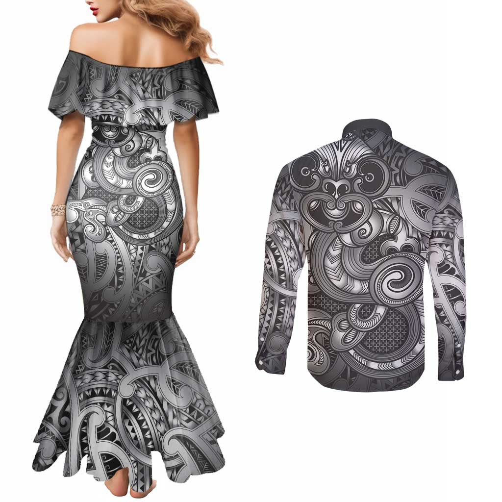 Aotearoa Maori Hei Tiki Couples Matching Mermaid Dress and Long Sleeve Button Shirt Kiwikiwi Kowhaiwhai Puhoro Motif LT9 - Polynesian Pride