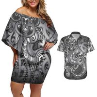Aotearoa Maori Hei Tiki Couples Matching Off Shoulder Short Dress and Hawaiian Shirt Kiwikiwi Kowhaiwhai Puhoro Motif LT9 Grey - Polynesian Pride