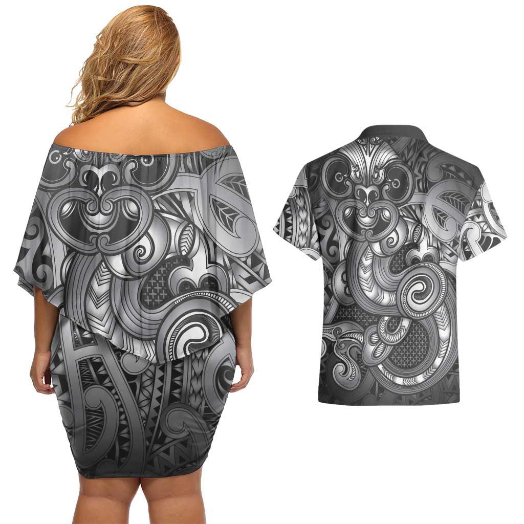 Aotearoa Maori Hei Tiki Couples Matching Off Shoulder Short Dress and Hawaiian Shirt Kiwikiwi Kowhaiwhai Puhoro Motif LT9 - Polynesian Pride
