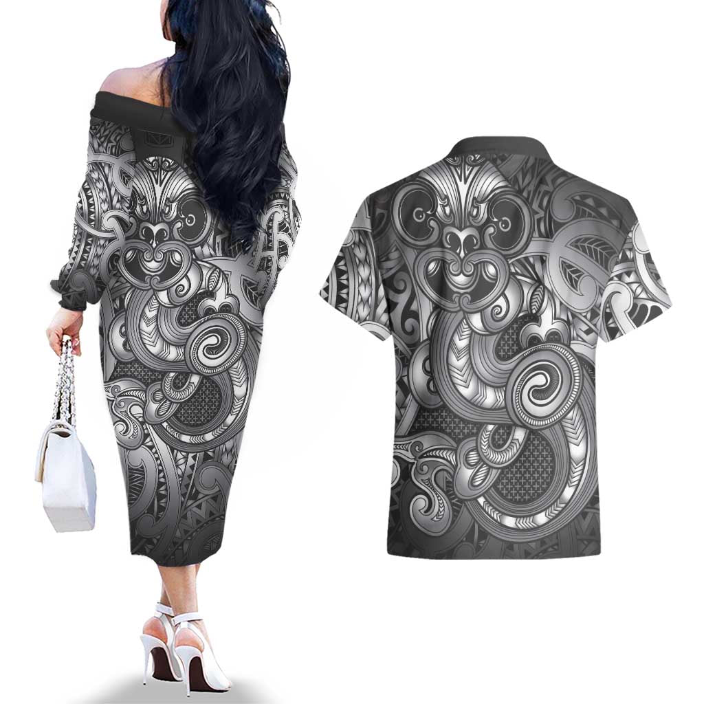 Aotearoa Maori Hei Tiki Couples Matching Off The Shoulder Long Sleeve Dress and Hawaiian Shirt Kiwikiwi Kowhaiwhai Puhoro Motif LT9 - Polynesian Pride
