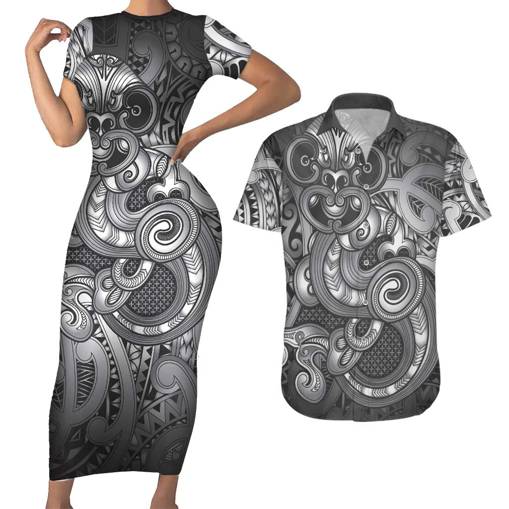 Aotearoa Maori Hei Tiki Couples Matching Short Sleeve Bodycon Dress and Hawaiian Shirt Kiwikiwi Kowhaiwhai Puhoro Motif LT9 Grey - Polynesian Pride